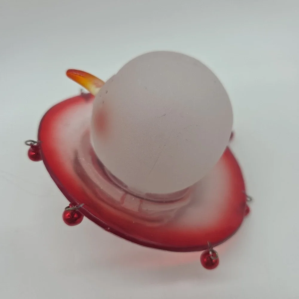 Art Glass Snowman Face In Garden Sunhat With Bells Hanging Christmas Ornament